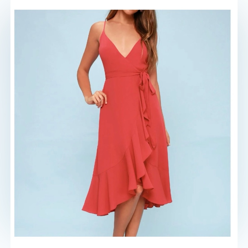 Lulus Manhattan Moment Ruffled Midi Wrap Dress in Berry Pink